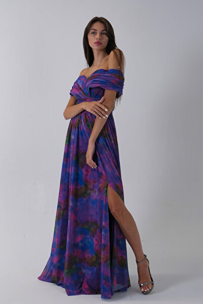 Feminist Beli Çiçek Detaylı Desenli Şifon Abiye Mor 0801102