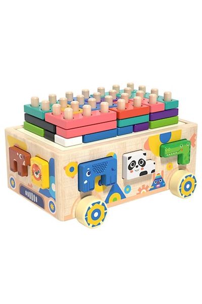 Star Master Centru de activități, cărucior din lemn cu forme geometrice și figurine de animale, +3 ani