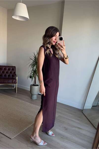 Sue Store Bodro Dikiş Detaylı Yırtmaçlı V Yaka Elbise