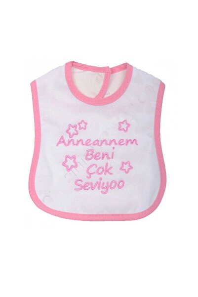 BEBENAZ pembe Anneannem Beni Çok Seviyooo Nakışlı Mama Önlüğü (0-1 yaş)