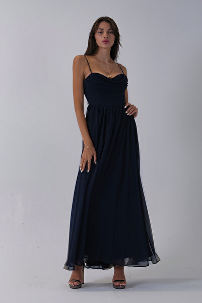 Feminist Askılı Drapeli Uzun Şifon Abiye Lacivert 08020032