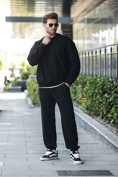 Madmext Black Crew Neck Basic Men's Tracksuit Set E7323