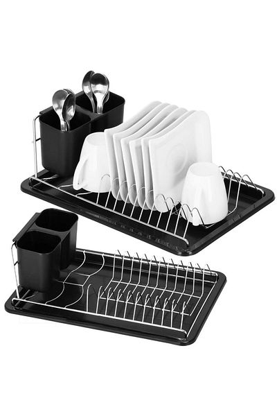 SERSIMO Uscator de vase cu suport tacamuri, din otel cromat, cu tava de scurgere, 40x19x13cm, negru