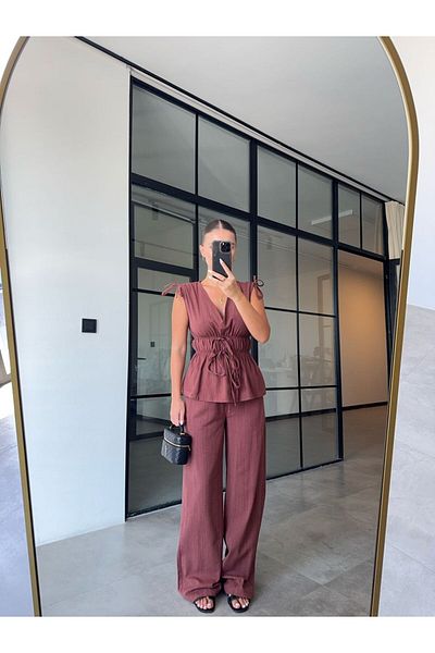 BB Bensu Buyruk Shoulder Pulling Bordo Linen Set