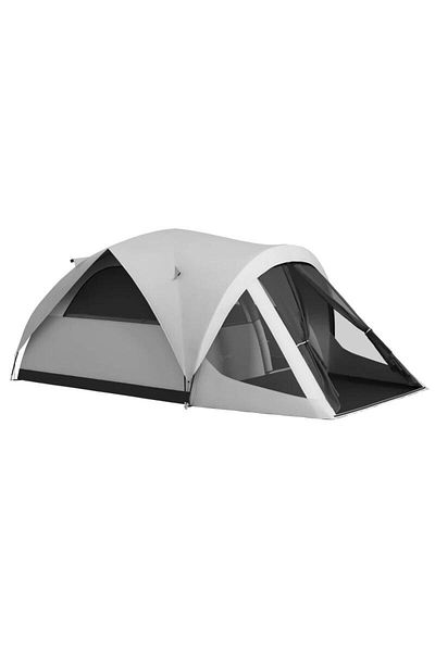 Mercaton Cort camping, 4 persoane, impermeabil, cu vestibul, ferestre, geanta, gri, 430x300x190 cm