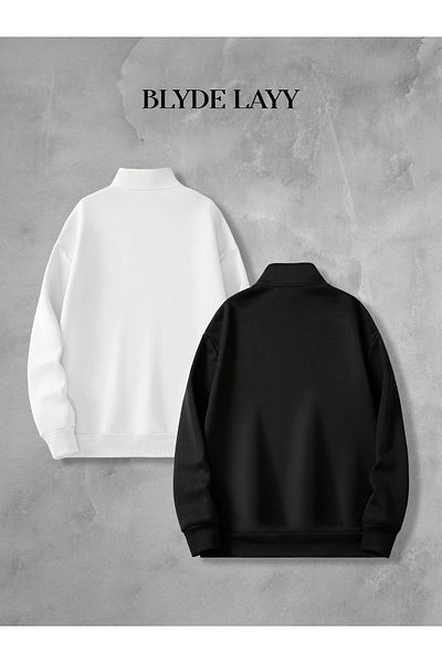 BLYDE LAYY Black-White Plain Unprinted 3-Thread Half Zipper Double Sweatshirt Lover Couple Combination