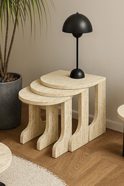 Reyo Falez Zigon Sehpa Takımı, 3'lü Set, Yan Sehpa Traverten Desen