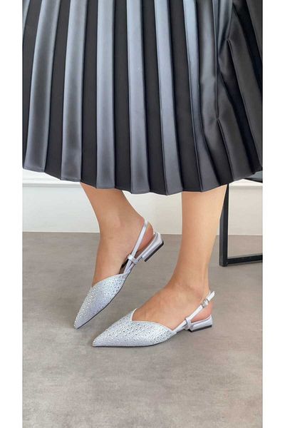 M&B Satin Stone Detail Women's Ballet Shoes Silver Color 36 Large Size 2 cm Heel between 43