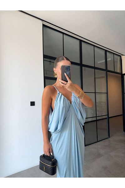 BB Bensu Buyruk Side Decocked Dress in Blue Satin