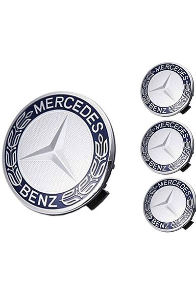 MERCEDES Set 4 capace roți 75mm jante aliaj compatibile Mercedes-Benz argintiu/albastru + bec LED W5W T10, Xstorm