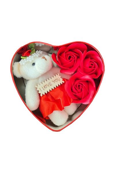 Deliny Aranjament floral cu ursuleț de pluș Deliny, trandafiri de săpun, roșii, în cutie în formă de inimă
