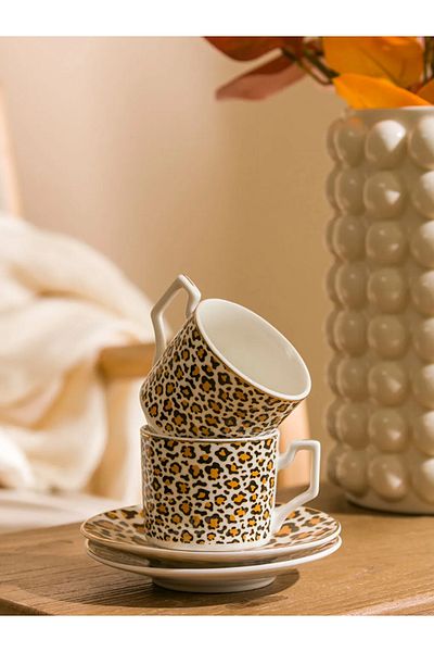 LC Waikiki Lcw Home Mixed Leopard Pattern Porcelain Coffee Cup Set for Two 90 ml