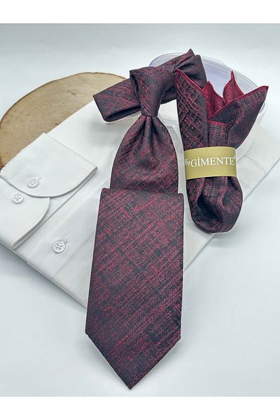 Gutiero Claret Red Patterned Classic Tie with Handkerchief