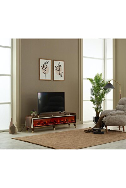 LORA MOBİLYA Dekoratif Elektrikli Yapay Şömine Tv Ünitesi 180 Cm X 52 Cm Kuma...
