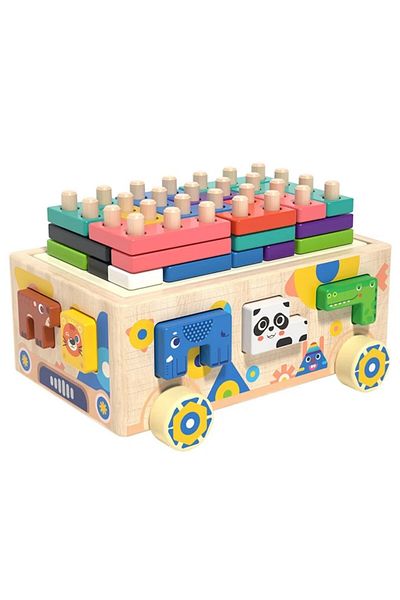 Star Master Centru de activități, cărucior din lemn cu forme geometrice și figurine de animale, +3 ani