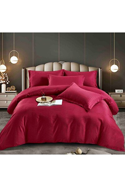 JOJO HOME Double Bed Linen with Elastic - 100% Cotton Damask 6 Pieces, 180x200 cm Bordeaux