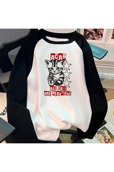 Touz Moda Acab Cat Printed Raglan Long Sleeve Printed White T-Shirt