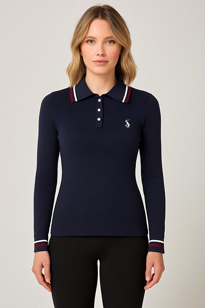 ASEZ BUTİK Women's Navy Blue Polo Neck Sweater - Long Sleeve, Stripe Detail