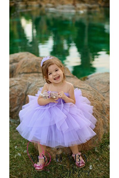 sara tasarım Pellin Tüllü Kız Çocuk İçin Lila Mor Kısa Elbise