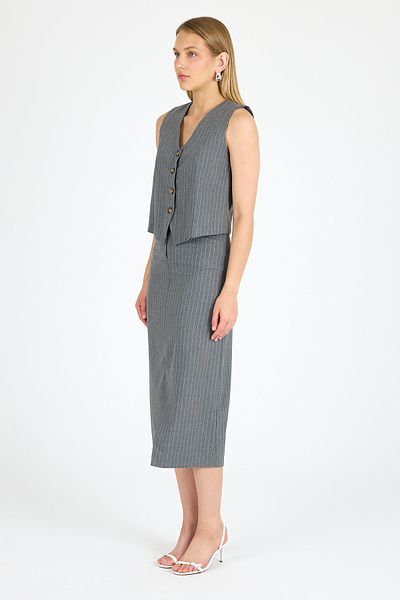 MADAME MELEK Slit Skirt Vest Suit Striped Fabric Suit