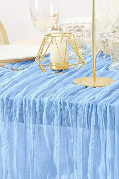 Hobi Goom Mavi Şifon Dökümlü, Kırışık Dokulu Dekoratif Kumaş Bohem Masa Runner | 180x80 cm