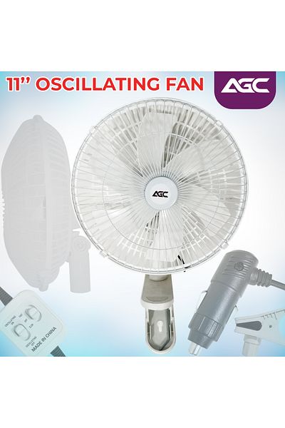 AGC 11-Inch Oscillating Clip Fan 24V DC with Adjustable Tilt, Clamp Mount, and 8ft Power Cord