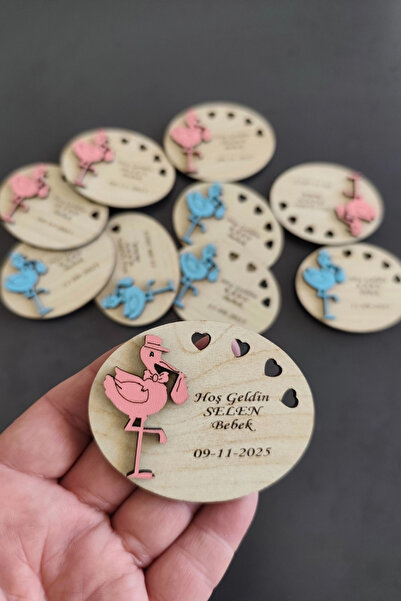 Kutaydan Heart Stork Patterned Welcome Wooden Baby Magnet Pink - 20 Pieces