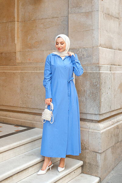 LOCCO Kadın Poplin Yan Bağlamalı Elbise Saks Mavi