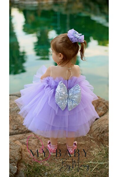 sara tasarım Pellin Tüllü Kız Çocuk İçin Lila Mor Kısa Elbise