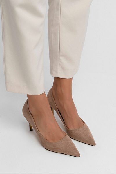 NİŞANTAŞI SHOES Melody Bej închis din piele intoarsa 8 cm varf ascutit toc subtire stiletto dama