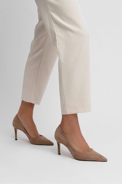 NİŞANTAŞI SHOES Melody Bej închis din piele intoarsa 8 cm varf ascutit toc subtire stiletto dama