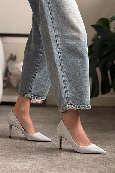 NİŞANTAŞI SHOES Melody Stone Gray Suede 8 cm Pointed Toe Thin Heeled Women's Stiletto