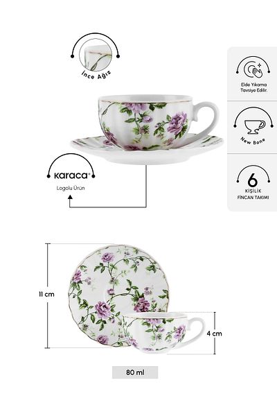 Karaca Flora 6-Person Coffee Cup Set 90 ml