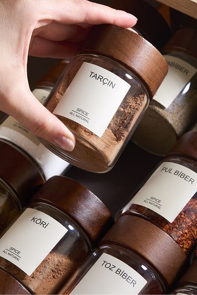 Kitchen Life Acassia 6-Piece Acacia Lid Borosilicate Glass Spice Rack Set / 56 Tags Gift / 200ml