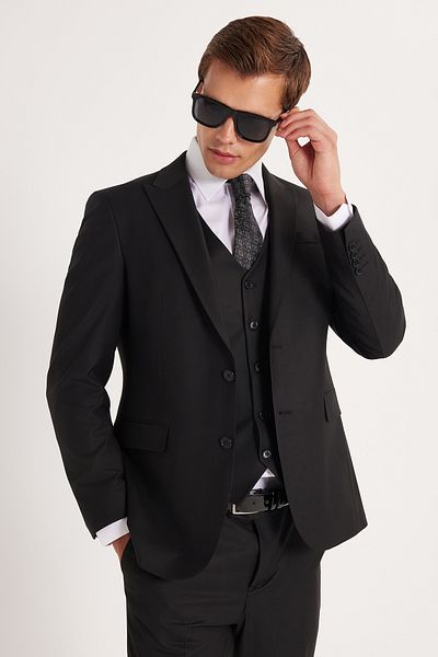 Tudors Men's Slim Fit Black Stretchy Lycra Fabric Pointed Collar Vest Suit
