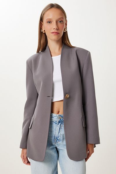 Happiness İstanbul Women's Gray Padded Stylish Buttoned Woven Jacket Kt00018