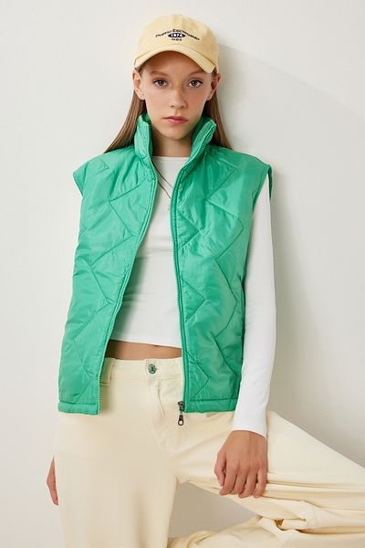 Happiness İstanbul Women's Dark Green Zipper Stand Collar Puffer Vest Mx00255