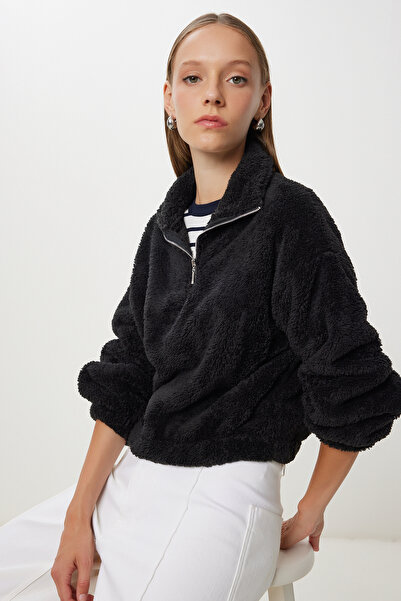 Happiness İstanbul Γυναικείο μαύρο βελούδινο φούτερ με φερμουάρ ZV00343