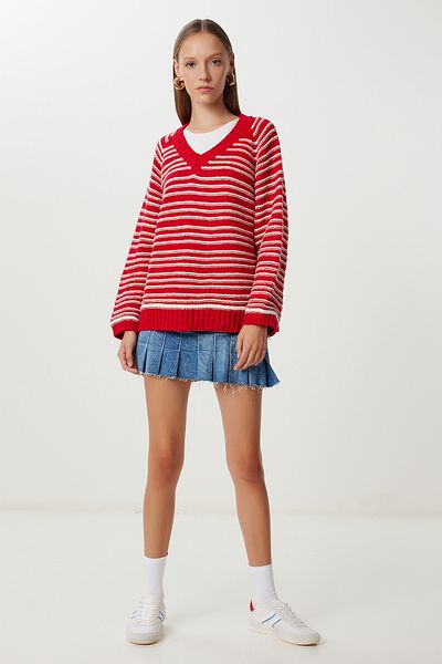 Happiness İstanbul Women's Red Bone Striped Oversize Knitwear Sweater Nv00077