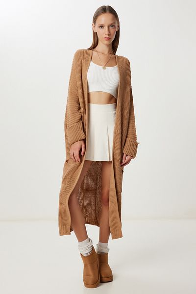 Happiness İstanbul Cardigan lung de tricotaj pentru femei Biscuit Pocket YG00108