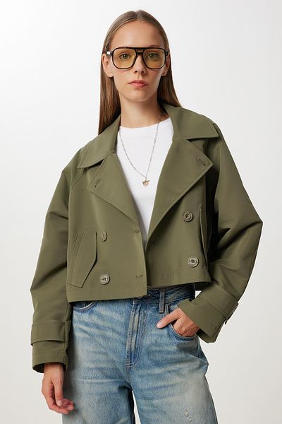 Happiness İstanbul Trench scurt pentru damă, kaki, cu guler dublu, KT00029
