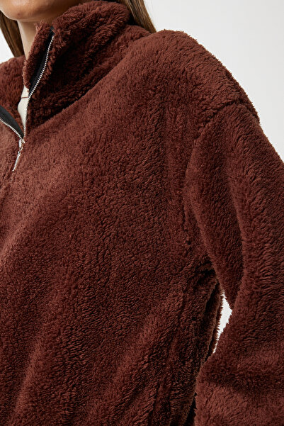 Happiness İstanbul Дамски кафяв плюшен суитшърт с цип ZV00343