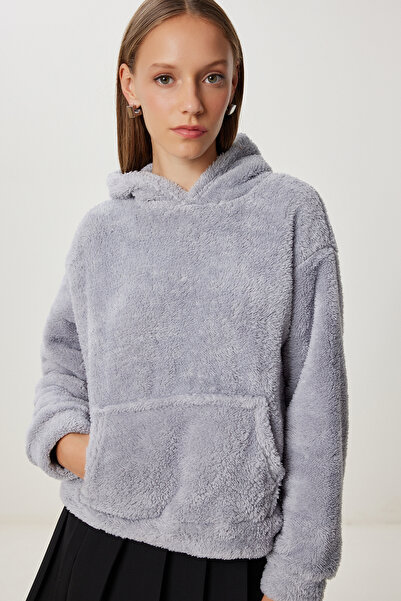 Happiness İstanbul Γυναικείο φούτερ με γκρι κουκούλα Fleece με τσέπη ZV00344