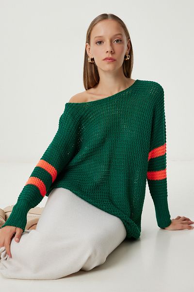 Happiness İstanbul Women's Dark Green Contrast Color Long Knitwear Sweater Yg00106