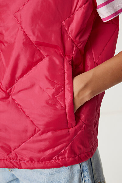Happiness İstanbul Women's Dark Pink Zippered Stand Collar Puffer Vest Mx00255