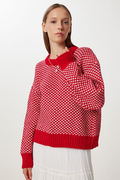 Happiness İstanbul Women's Red Bone Patterned Knitwear Sweater Nv00078