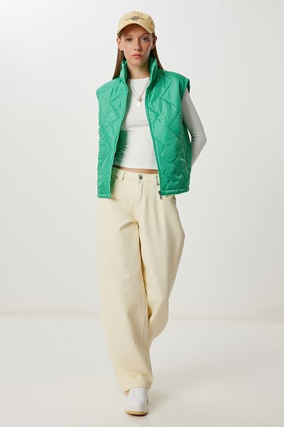 Happiness İstanbul Women's Dark Green Zipper Stand Collar Puffer Vest Mx00255