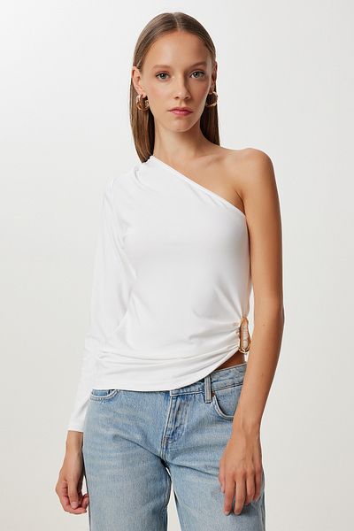 Happiness İstanbul Women's Ecru One Shoulder Sandy Blouse with Gold Accessories Zv00342