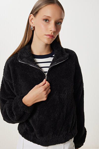 Happiness İstanbul Γυναικείο μαύρο βελούδινο φούτερ με φερμουάρ ZV00343