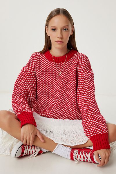 Happiness İstanbul Women's Red Bone Patterned Knitwear Sweater Nv00078